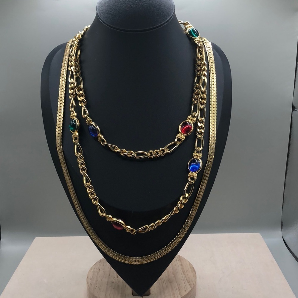 Curated bundle vintage gold tone costume necklaces, statement style.